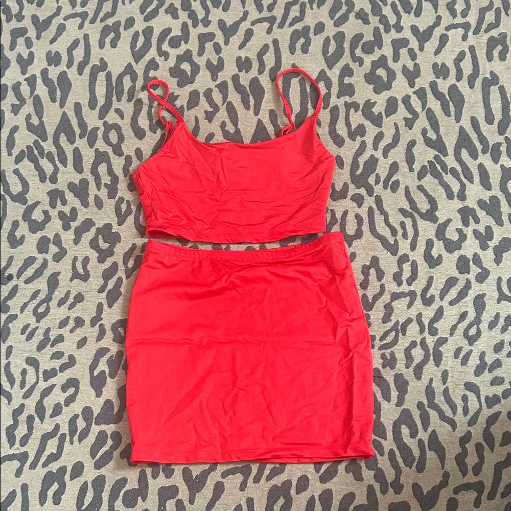 Red Two-Piece Crop Top and Skirt Set